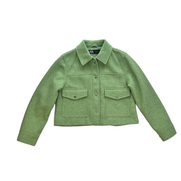 Zara Jackets & Blazers - Zara Cropped Shacket Womens Small Coat Green Silver Snaps Soft Cozy Green